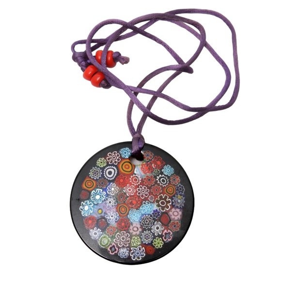 Millefiori Glass Jewelry - Vintage Millefiori Glass Pendant Murano Style Italy Mosaic Floral Necklace Black